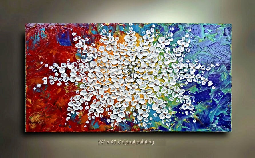 Original Abstract Floral Painting Art Landscape Flower Bloom white flower multicolor 40x24 Modern Contemporary acrylic Painting by OTO