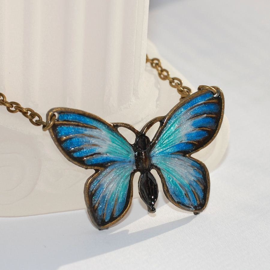Sale  Hand Painted Blue Jean Butterfly Pendant Necklace Art Jewelry