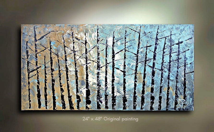 Original Birch Tree Painting Abstract Art Landscape treescape artwork 48x24 Modern Contemporary mixed media Made to Order by OTO