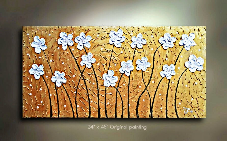 ORIGINAL Flower Painting Abstract Art White floral Landscape Artwork Flowerscape Textured 48x24 Modern Contemporary art Made to Order by OTO
