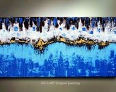 Original Abstract Painting Rain Art colorful Blue Gold Turquoise off White 48x24 Modern Contemporary acrylic Painting by OTO