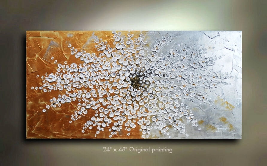ORIGINAL Daisy Floral Painting Abstract Bloom Landscape Artwork Flowerscape Heavy Textured 48x24 Modern art Made to Order by OTO