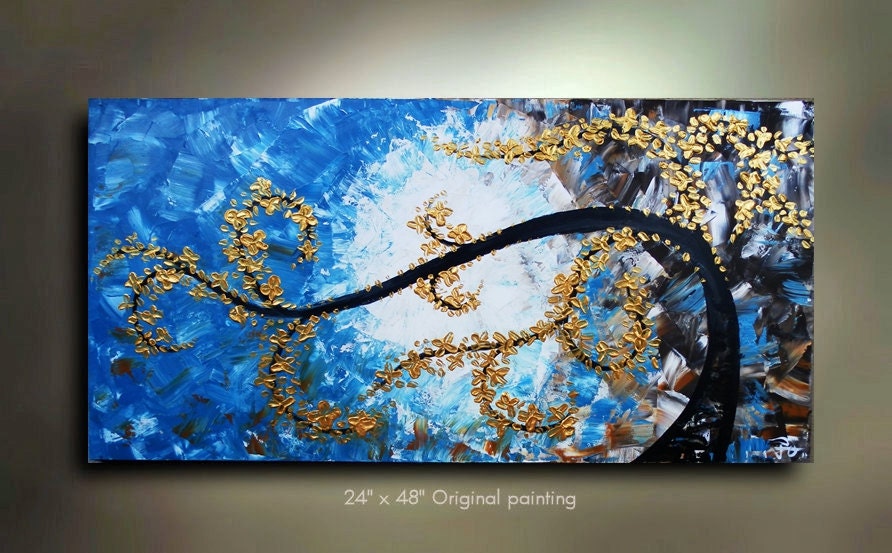 ORIGINAL Flower Tree Painting Abstract Landscape Artwork Treescape Heavy Textured 48x24 Modern Contemporary art Made to Order by OTO