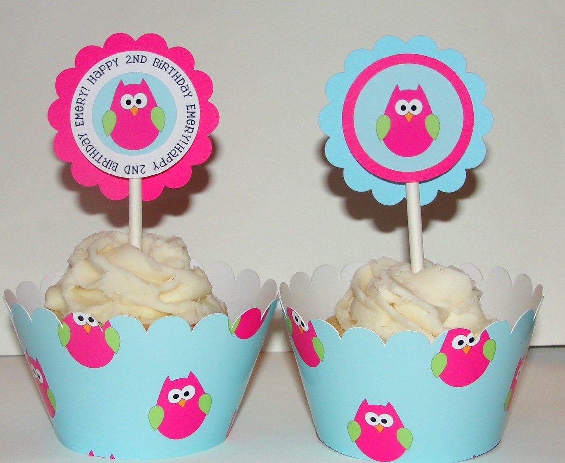 Personalized Owl Cupcake Toppers in Pink for Baby Shower  First Birthday Party Girl Birthday Party
