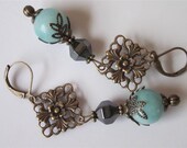 Amazonite Earrings,Antiqued Brass, Aqua Blue