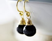 Gold Earrings Black Spinel Gemstone 14K Gold Fill Wire Wrap Noir Traditional Sophisticated Fashion