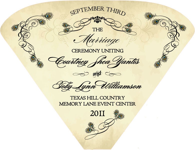 SET OF 25 Vintage Peacock Design Wedding Program Fan custom colors available