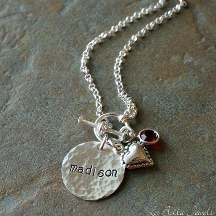 Personalized Hand Stamped My Heart Name Birthstone Mommy  Necklace