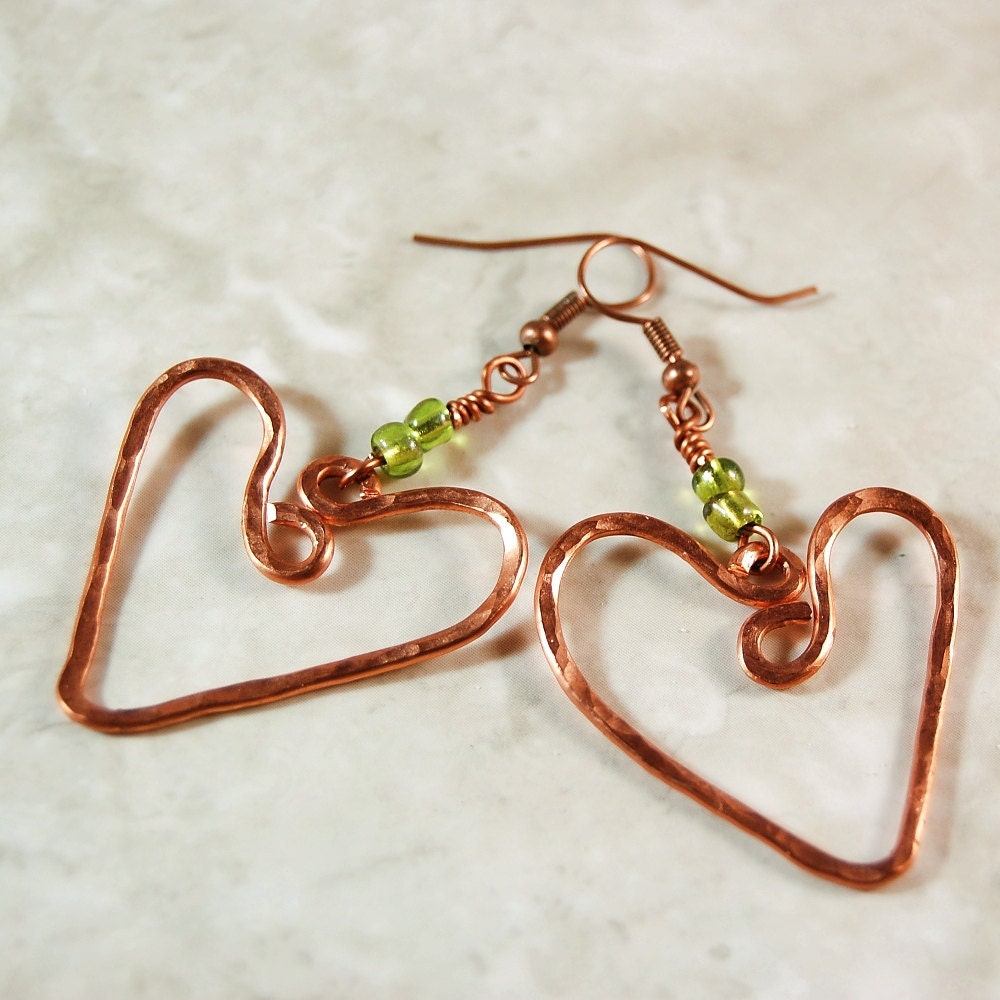 Copper Heart Earrings, Copper Wire Work ,Light Green Glass Beads