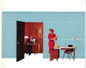 Vintage photo illustration office furniture boss secretary late 1950s ad Mad Men era - Free U.S. shipping