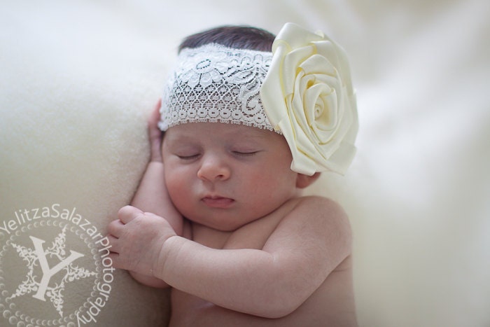 Melt My Heart - Handmade Ivory Rose Headband for Baby Girls Toddlers or Women - Big Rose - Baby Keepstake