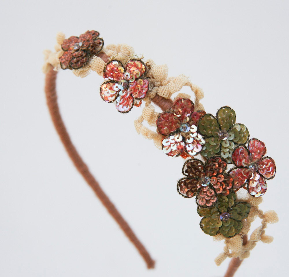 spring flower headband of vintage lace and beaded flowers