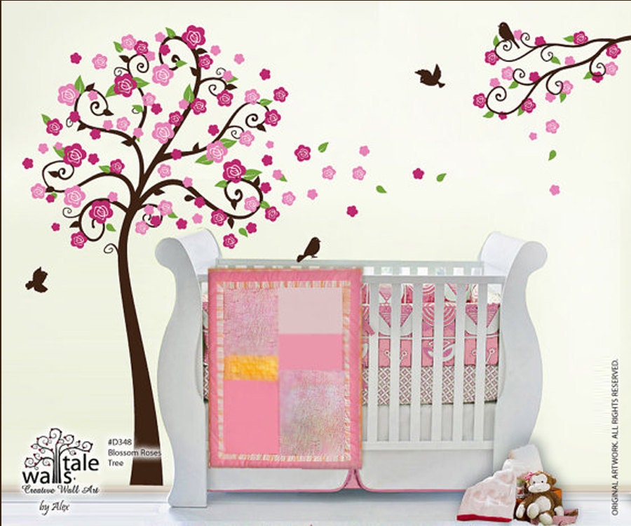 Blossom Roses Branch wall decal with birds stickers for nursery
