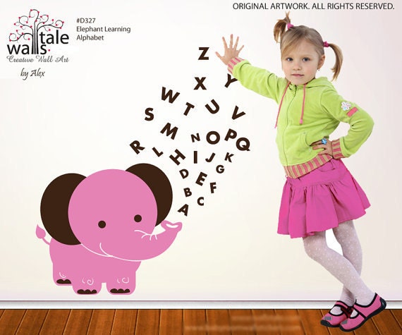 Elephant sticker, Elephant learning alphabet wall sticker. Cute Elephant wall decal.