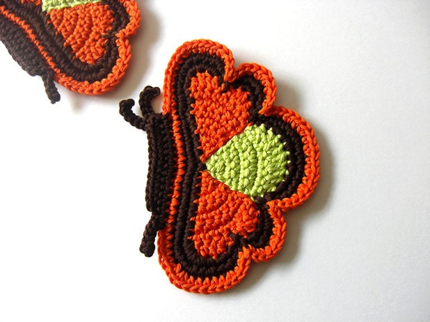 Orange Brown Green Butterfly Coasters . Beverage Drink Tea Coffee Nature Decor Crochet Cute Collection - Set of 2