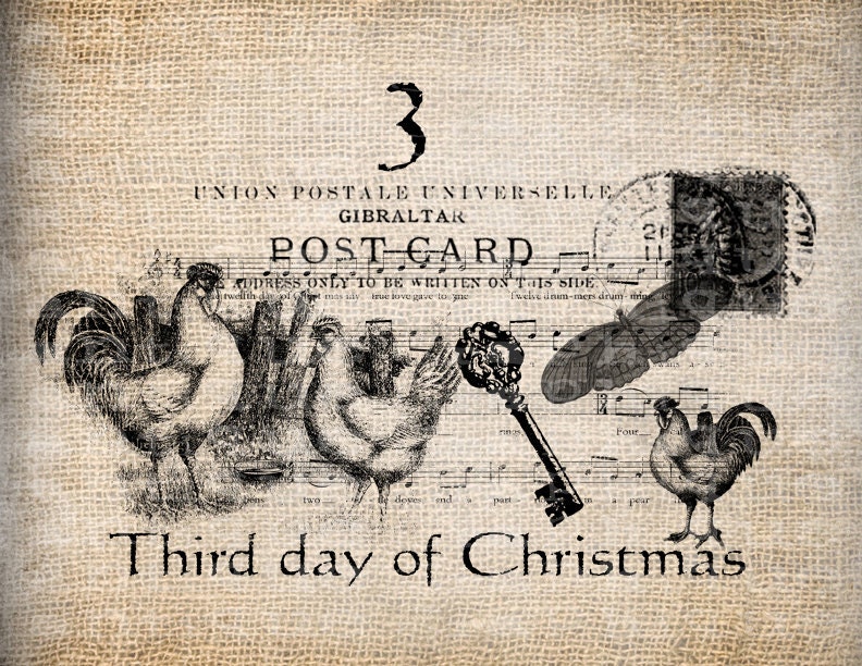 Antique Twelve Days of Christmas Third French Hens Postmarks Key Music Digital Download for Transfer, Pillows, etc Burlap No. 3391
