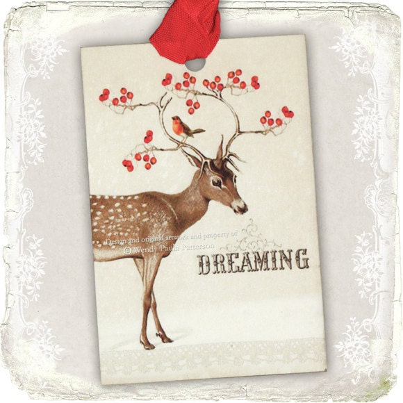 Woodland Deer Dreaming Christmas Gift Tags with Red Berries and Robin
