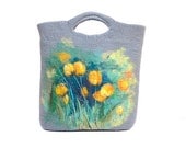 Wool Felted Art handbag bag purse pouch with wool painting of yellow tulips.zipper .Tulips. OOAK