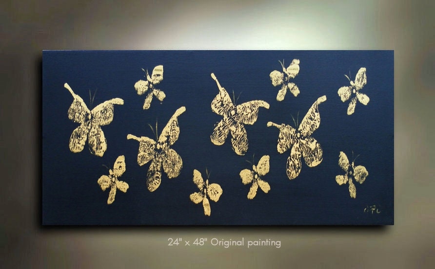 Made to order Original Landscape Abstract Gold black BUTTERFLY Texture Artwork metallic 48x24 Modern Contemporary acrylic Painting by OTO