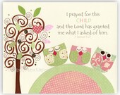 Nursery wall art Decor, Children Art print, owls...I prayed for this CHILD and the LORD..me what I asked of him.match to Catherine