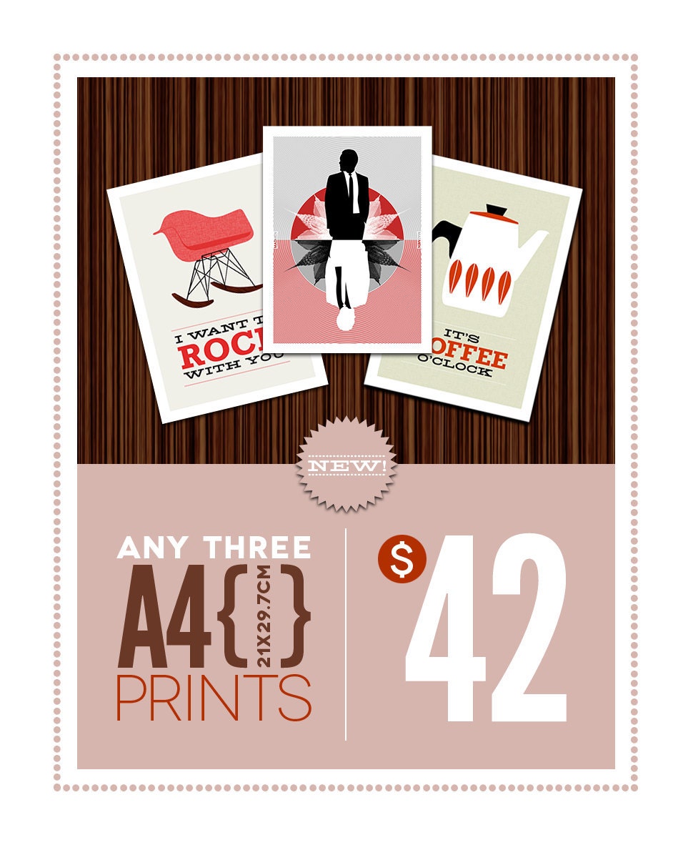 Retro poster prints - Any 3 x A4 prints for 42 Dollars - Eames Mad Men Cathrineholm Polaroid Mid Century Modern