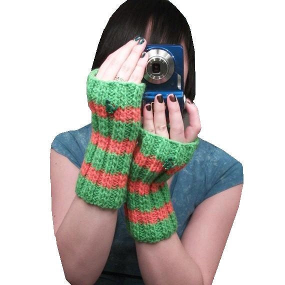 SALE Dinosaur fingerless gloves - orange and green hand knit stripes with t-rex buttons