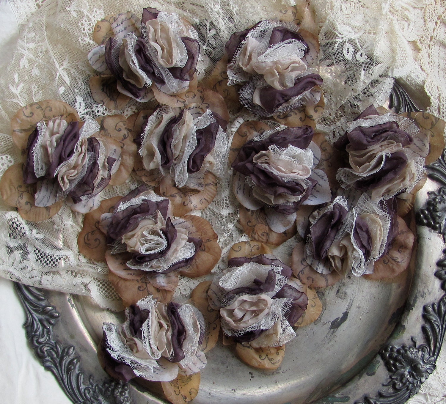Fabric Hand stamped Flower Place Card Holder Or Decoration  Set of 10 by My Broken Art on Etsy