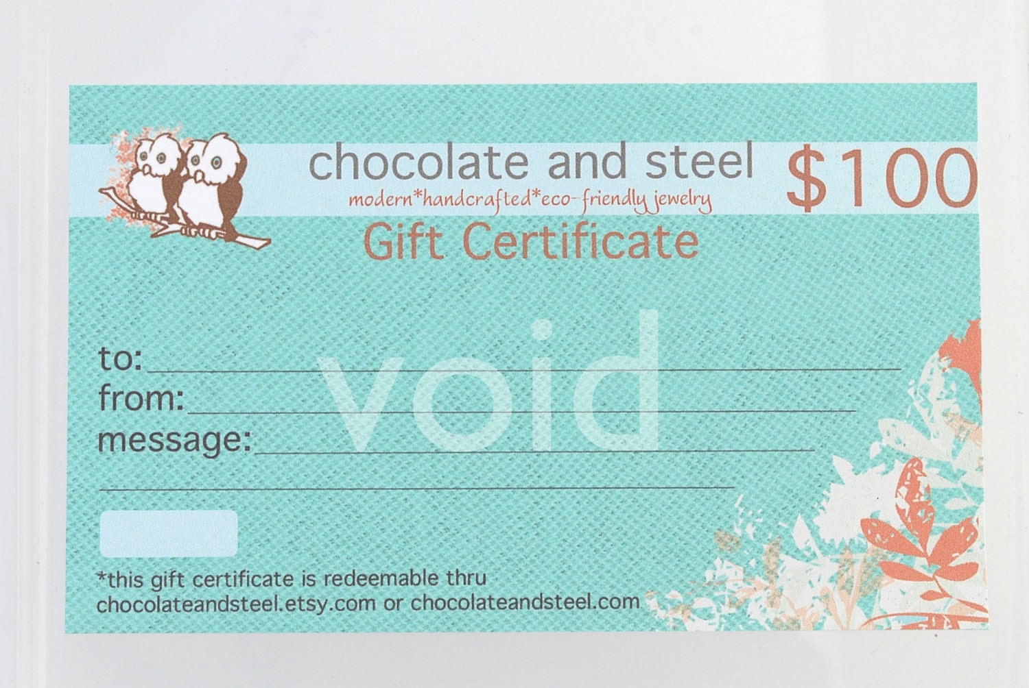 Gift Certificate (100 dollar value) by Chocolate and Steel