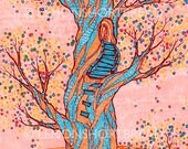 Art Print 5x7" Old Twisted Tree, Giclee Archival, Pink Aqua Fantasy Treehouse Dream
