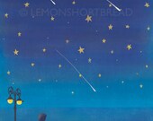 Art Print 5x7" Blue Starry Night, Giclee Archival, Sea Beach Meteor Shower Shooting Stars