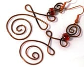 Copper Earrings Coiled with Red Bead - MarthasManyThings Copper Earrings Coiled with Red Bead - MarthasManyThings