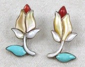 Vintage Zuni Sterling Yellow Lip Mother of Pearl Turquoise Inlay Tulip Earrings