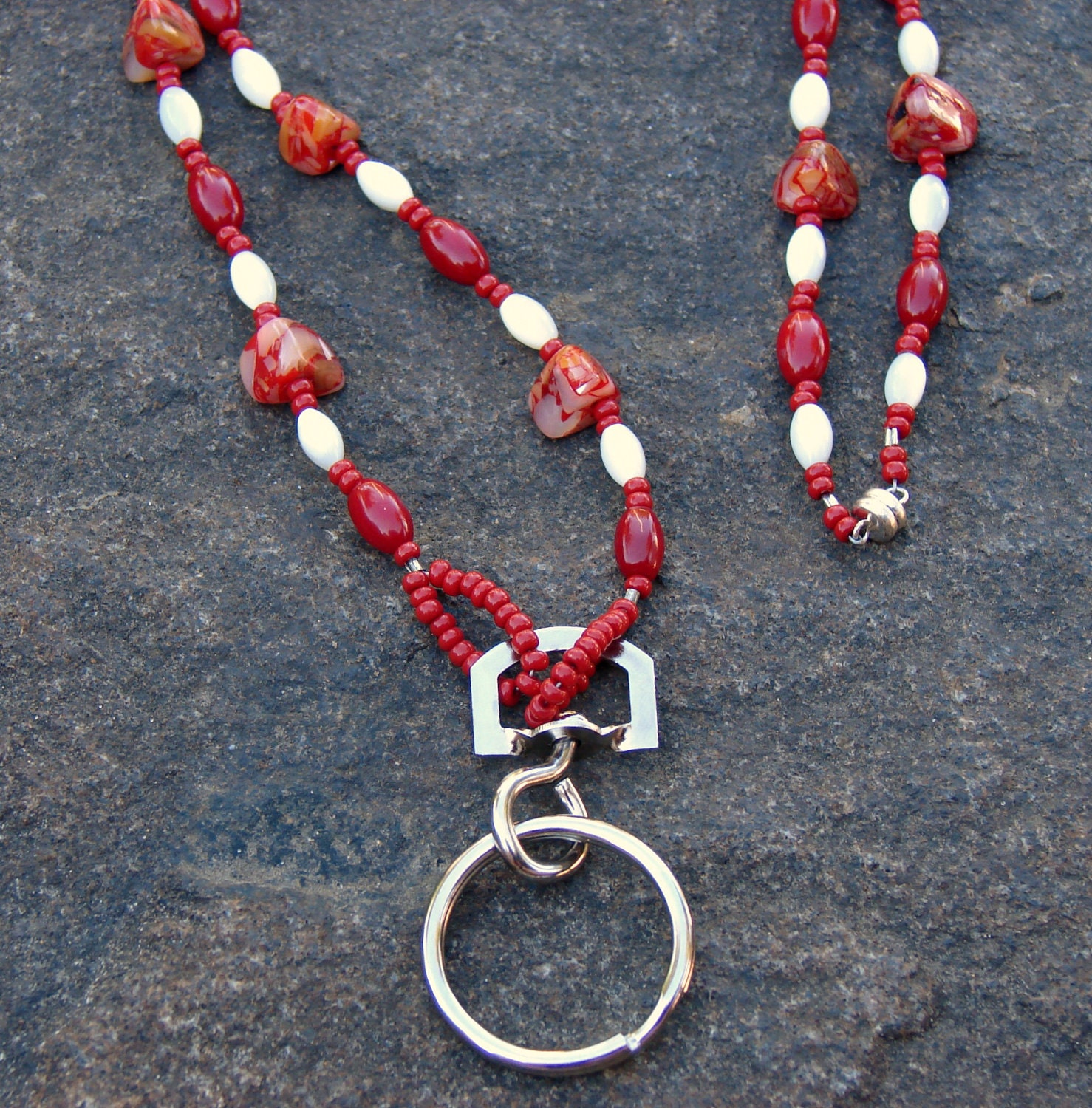 coral, red glass beads, ivory shells, ID name tag, badge lanyard or key chain lanyard