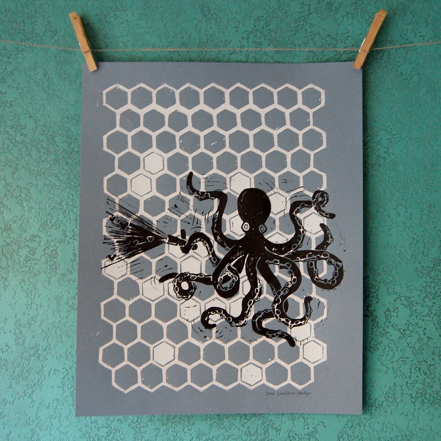 OCTOPUS LOVE SEARCH - linocut print on blue paper