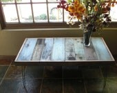 Vintage and Modern Coffee Table - Reclaimed Upcycle Rustic Wood with Vintage Eames Style Steel Hairpin Legs - 48" x 24"