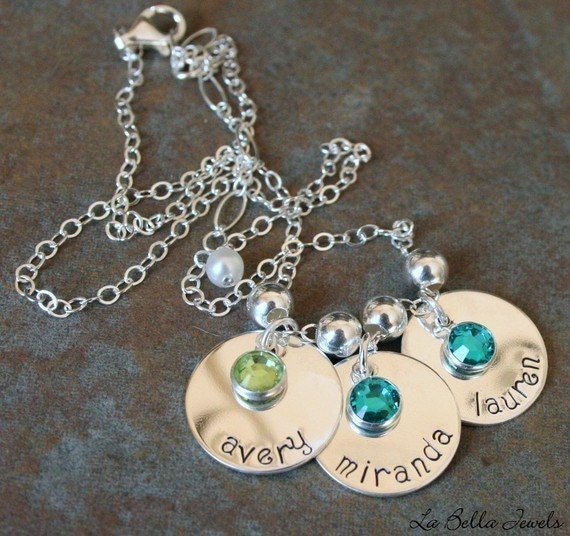 Custom Personalized Simplicity Curve Trio Hand Stamped Name Birthstone Necklace