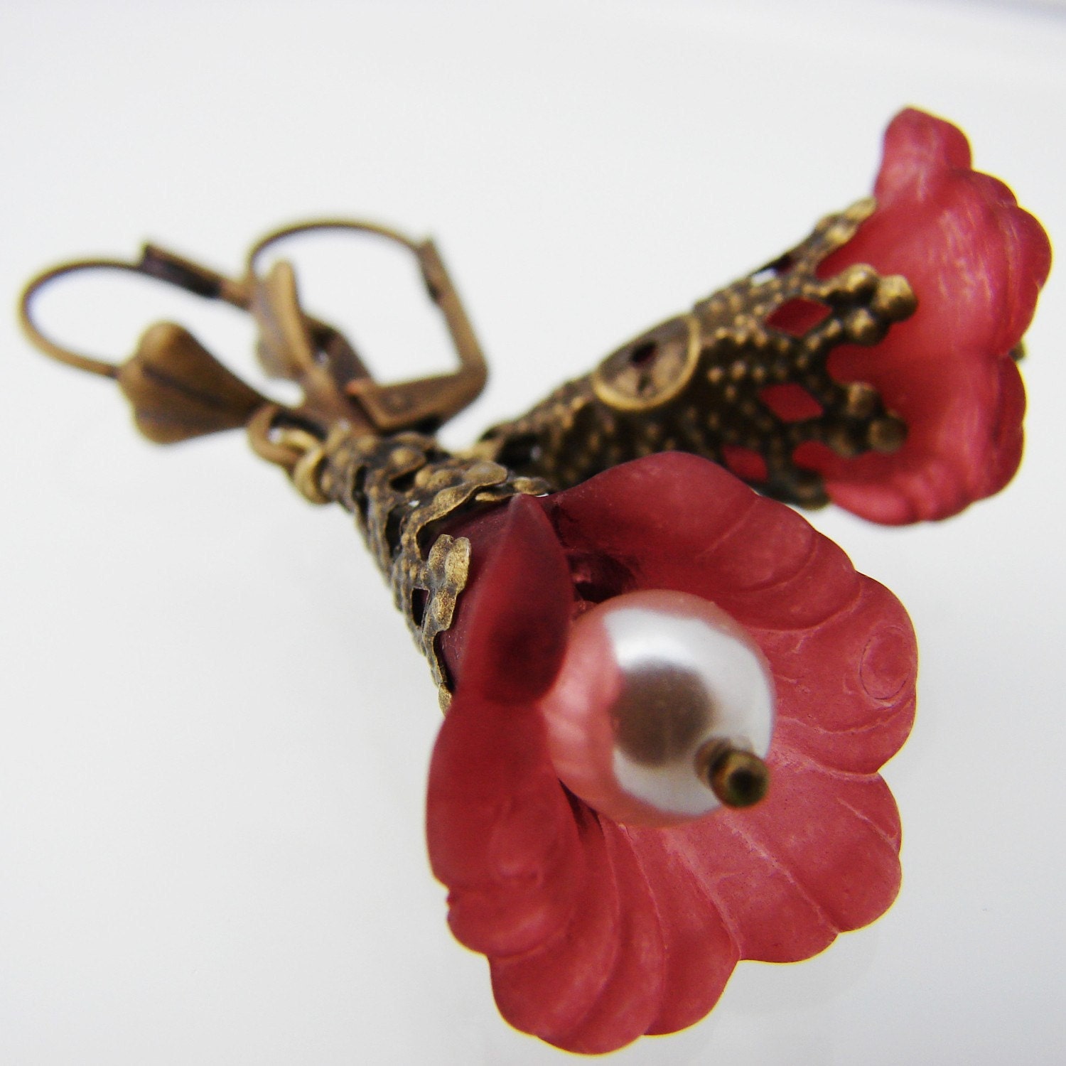 Merlot Lucite Flower Earrings on antiqued brass earwires
