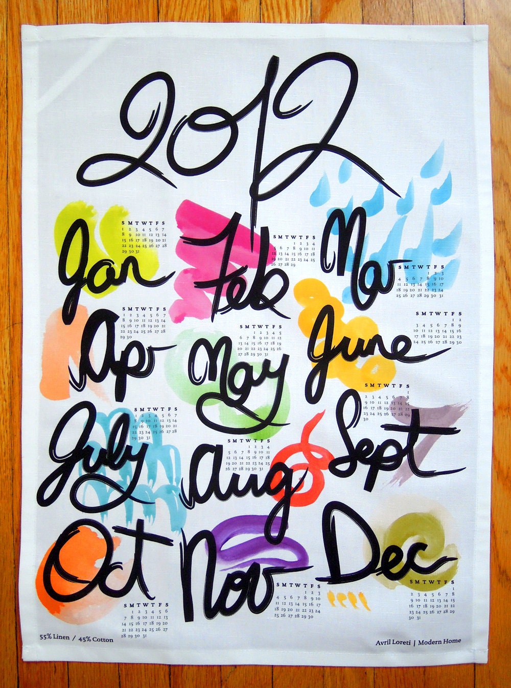 SALE 50% off -  2012 Calendar Happy New Year Linen Cotton Tea Towel