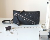 Stella, studded black leather biker clutch bag, handmade