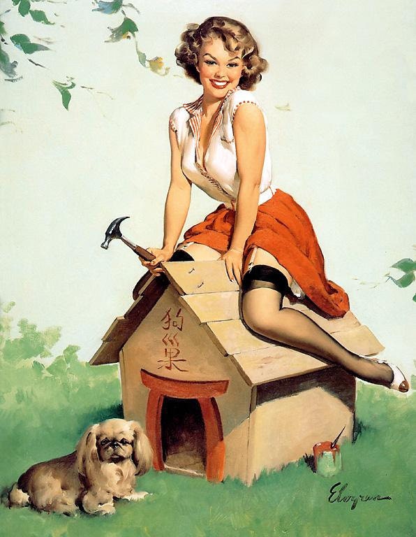 Free US shipping Handprinted Cotton Art Reproduction Applique Vintage Sexy Pin-up Girl Gil Elvgren, "Well build" , 1961