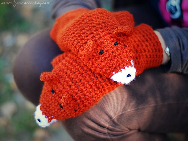 Fox Mittens Gloves Gift Wool Crochet Winter Woman Girl Teens Valentine's Day Gift Cozy Ginger Red Forest Animals Woodland