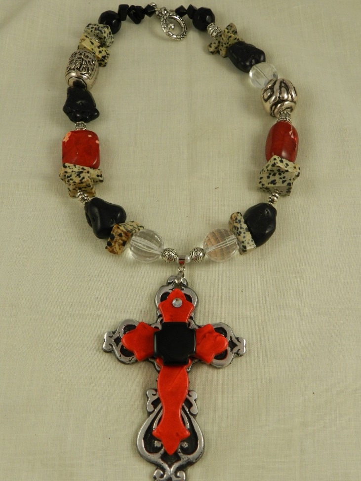 Cross Necklace Chunky Turquoise Jasper Black Red