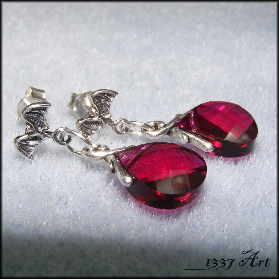 Bat Earrings Sterling Silver Gothic Ruby Crystals
