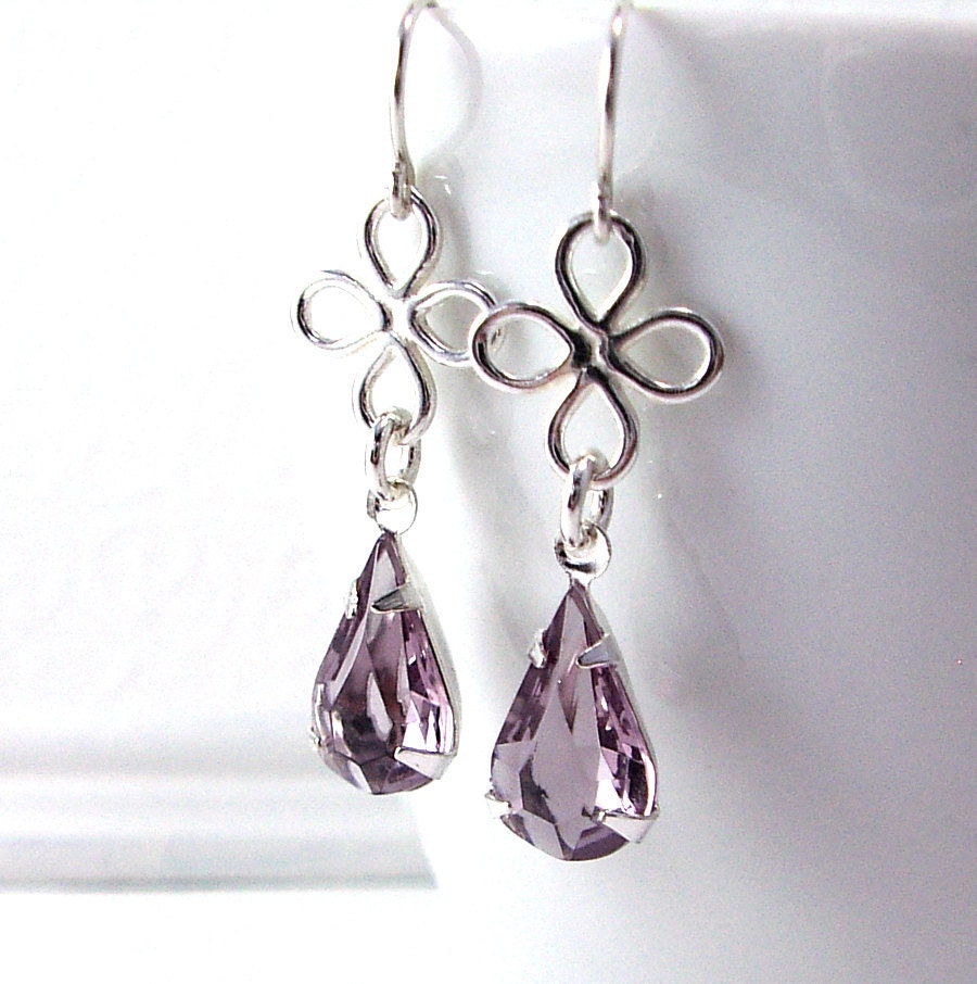 Lilac Earrings, Vintage Glass Jewel, Sterling Silver Flowers