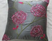 silver  throw pillow cover with floral embroidery 18 inch decorative