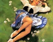 Free US shipping Handprinted Cotton Art Reprodn Applique Vintage Sexy Pin-up Girl Gil Elvgren "Lazy days are here again" , 1948