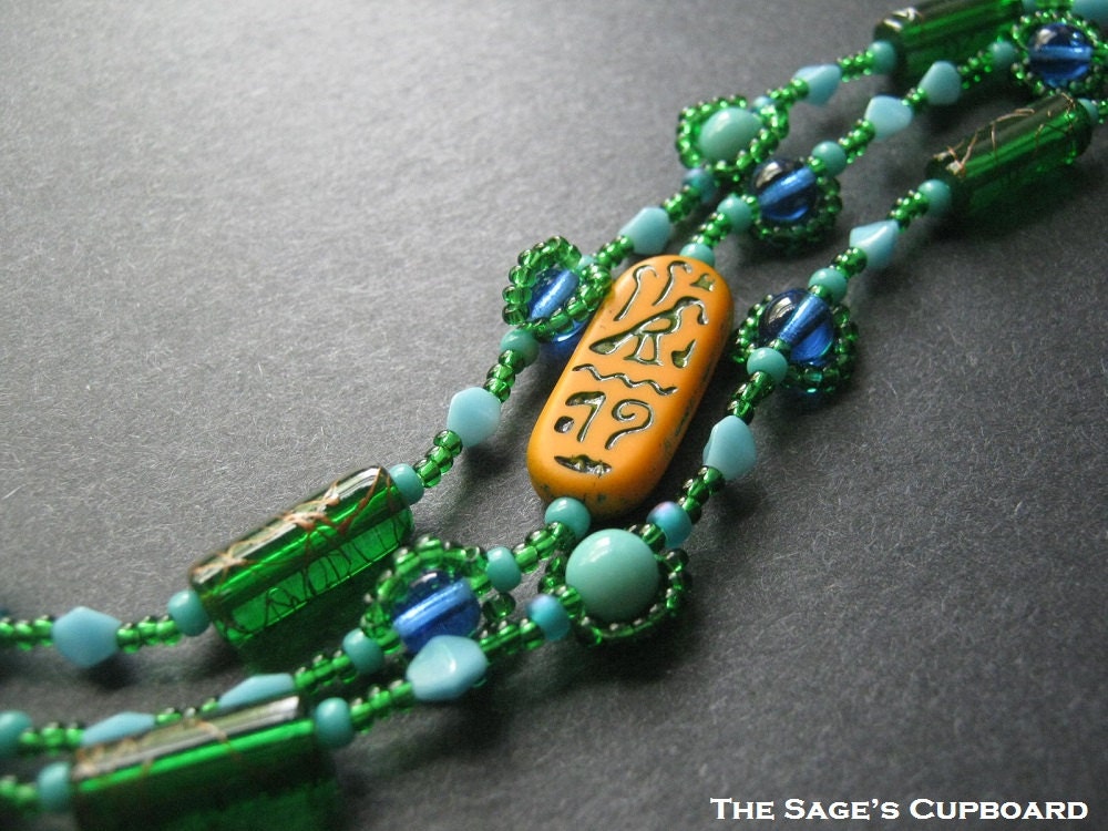 Orange Hieroglyph Bracelet. Beaded Blue Green and Turquoise Egyptian Three Strand Wrist Wrap