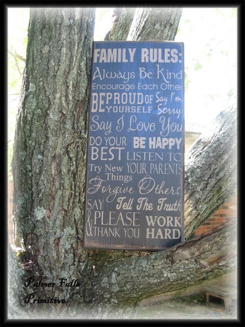 Family Rules Wood Sign Routed Painted Handmade Subway Art Typography Vintage Style