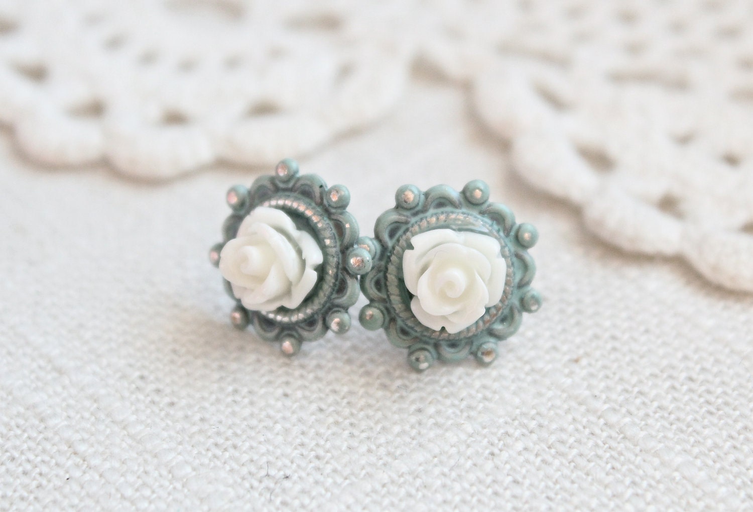 Shabby chic blue and cream rose earrings.  Post style.