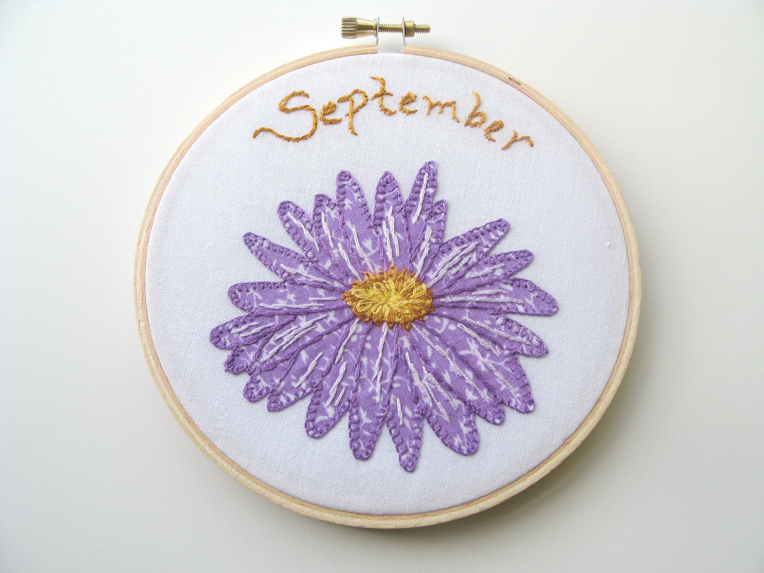 Aster Flower Embroidery Hoop Art Applique Birthday September Purple
